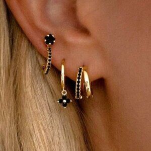 Huggies Gold & Black CZ Double Huggie 18K Gold Small Hoops Everyday Jewelry